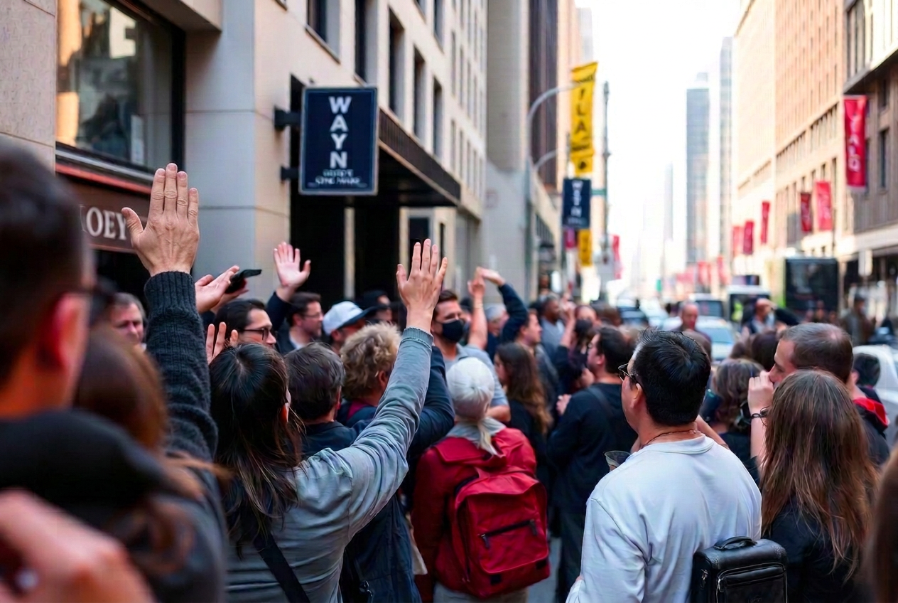 Spectators cheering along a New York sidewalk in bright daylight