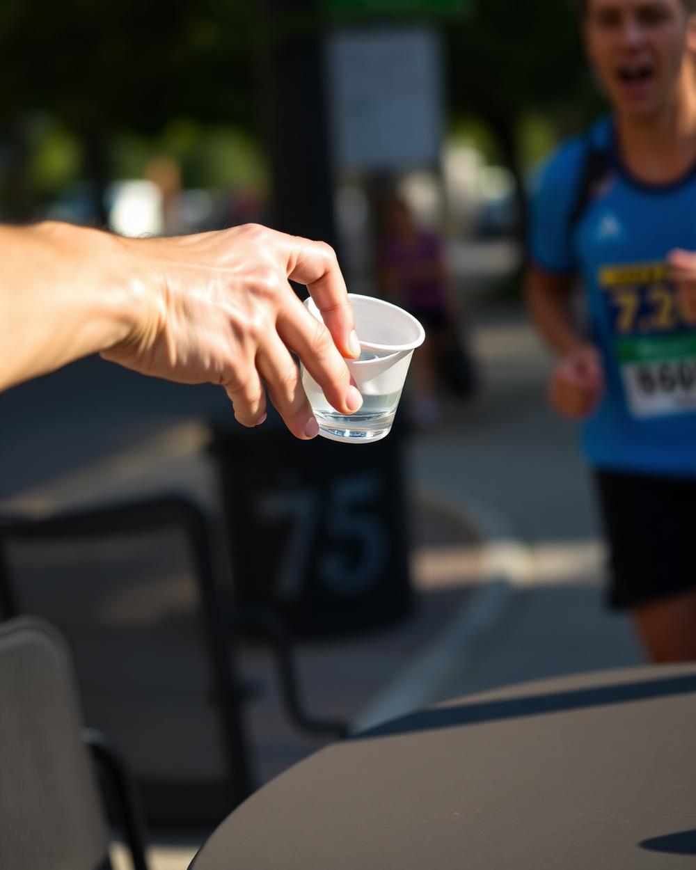 A hand passing a cup of water to a runner at a street-side table