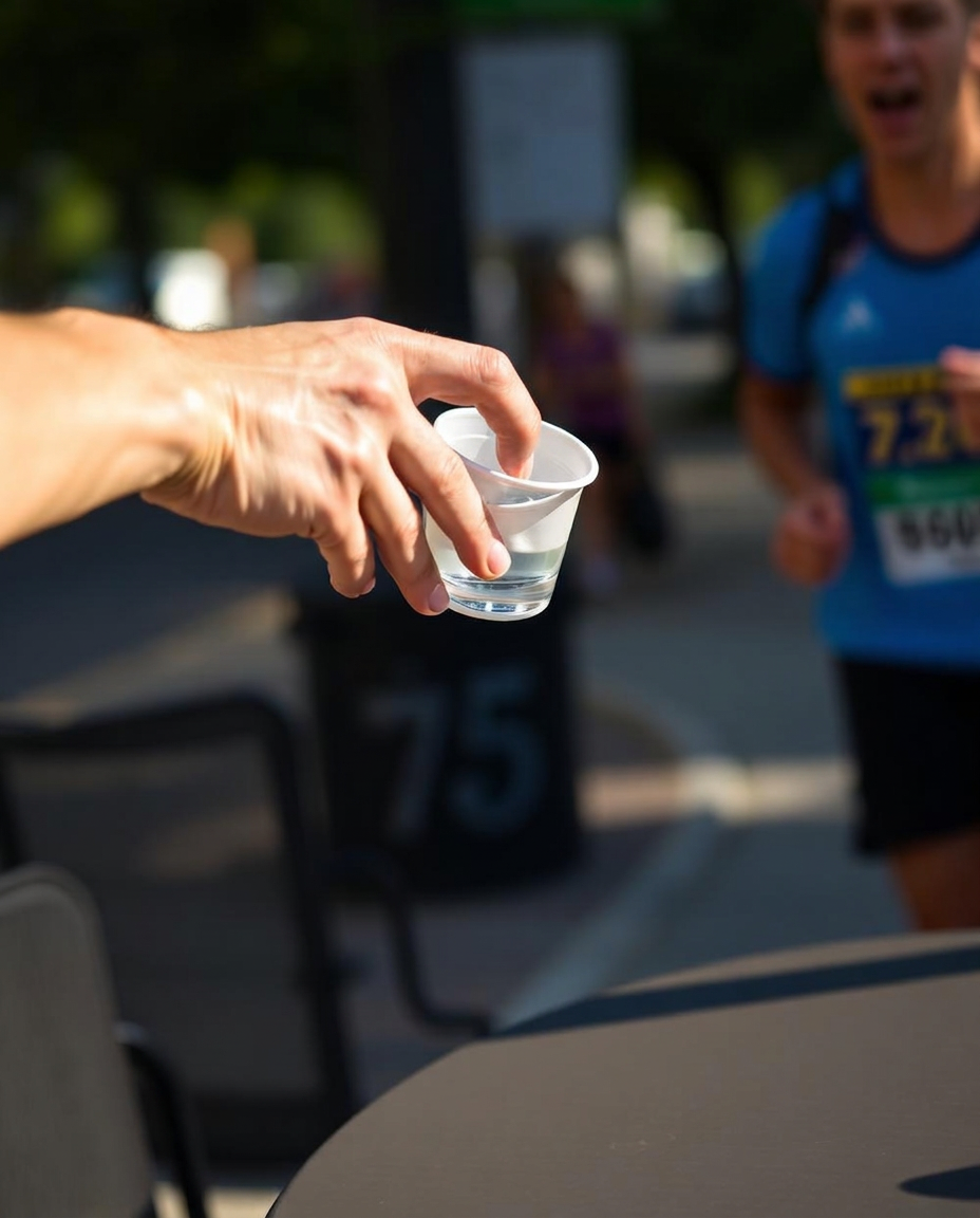 A hand passing a cup of water to a runner at a street-side table