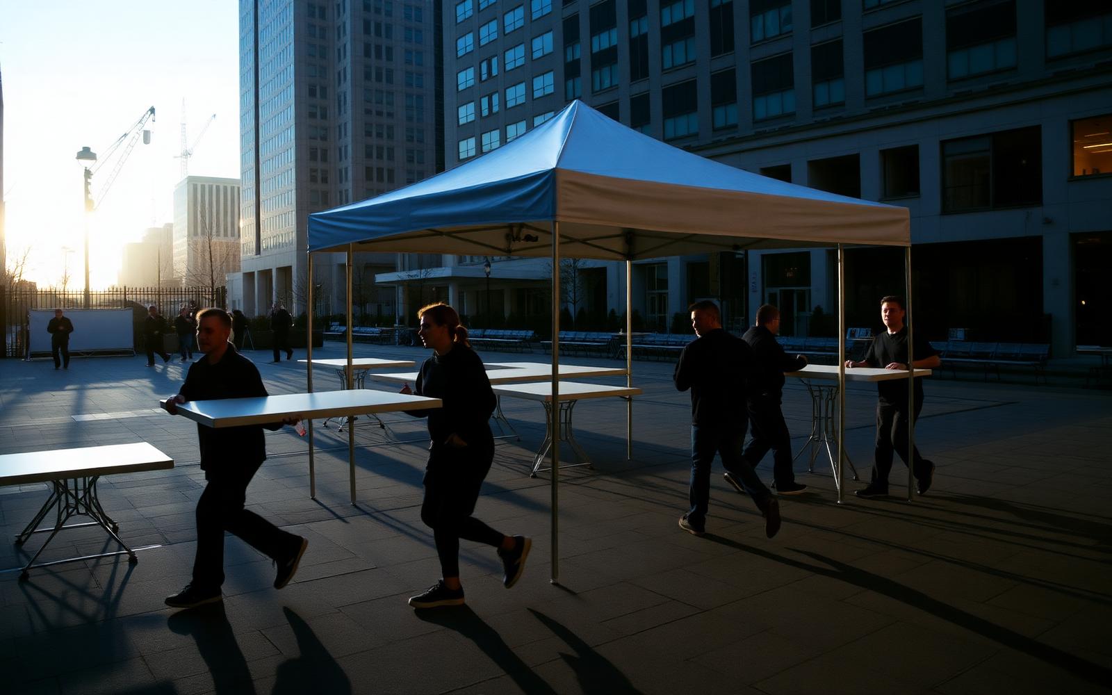 A team setting up tables and canopies for an outdoor activation in a city plaza