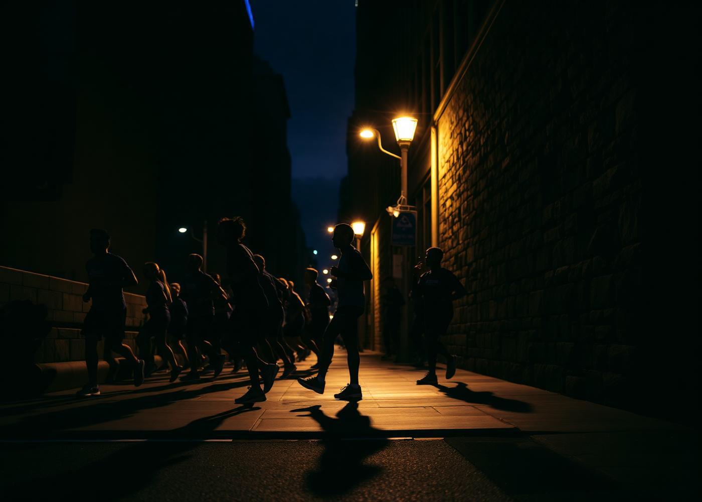Runners preparing on a New York street under streetlight before dawn