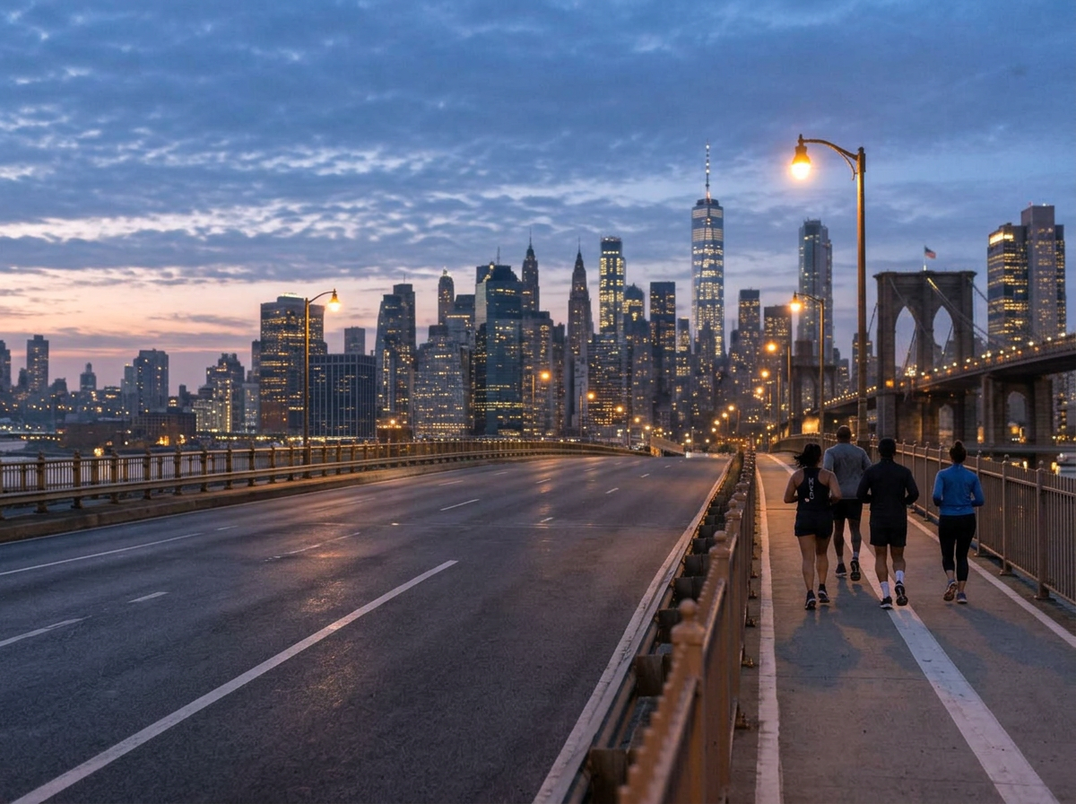 Runners training on a New York bridge before sunrise, city skyline ahead