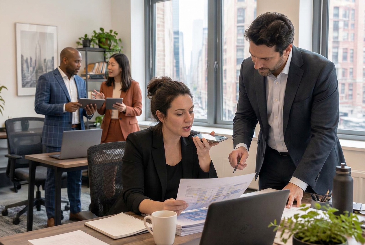 Professionals reviewing schedules and coordinating sales operations in a New York office