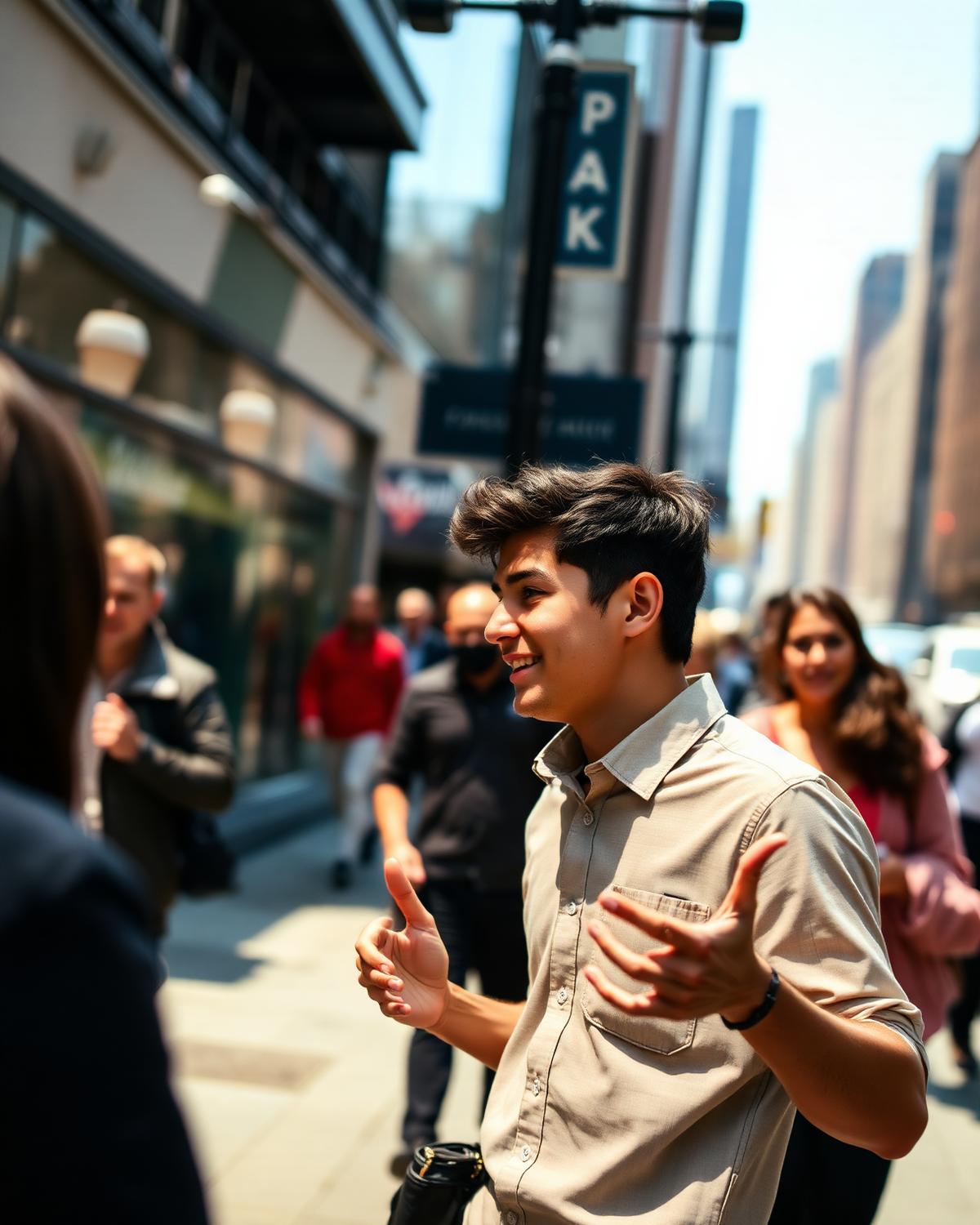 A brand representative in conversation with a customer on a New York sidewalk