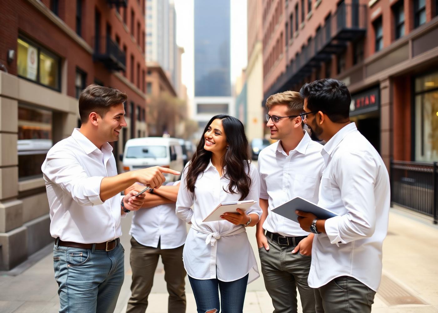 A Marathon team huddled on a New York sidewalk before an event