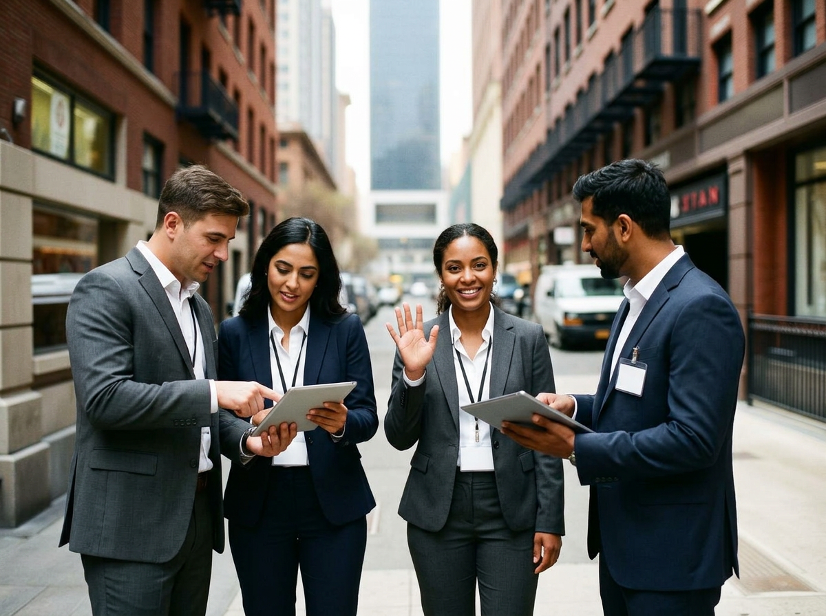 Four professionals coordinating with tablets on a New York sidewalk